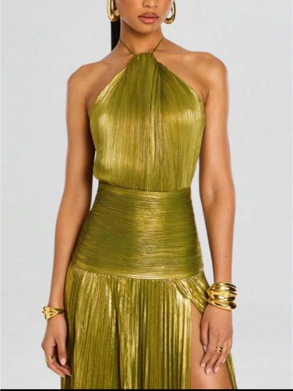 Gold One-Shoulder Pleated Maxi Dress with Halter Neck - Picture 1 of 6